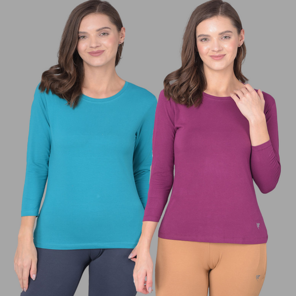 Comfort Lady Regular Fit Round Neck Plain Full Sleeve T-Shirt pack of 2