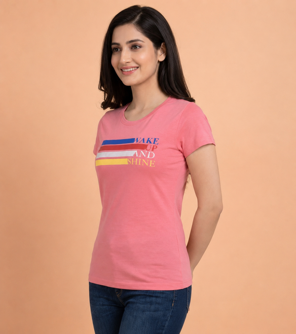 Comfort Lady Chest Print Half Sleeve Cotton Round Neck T-Shirt