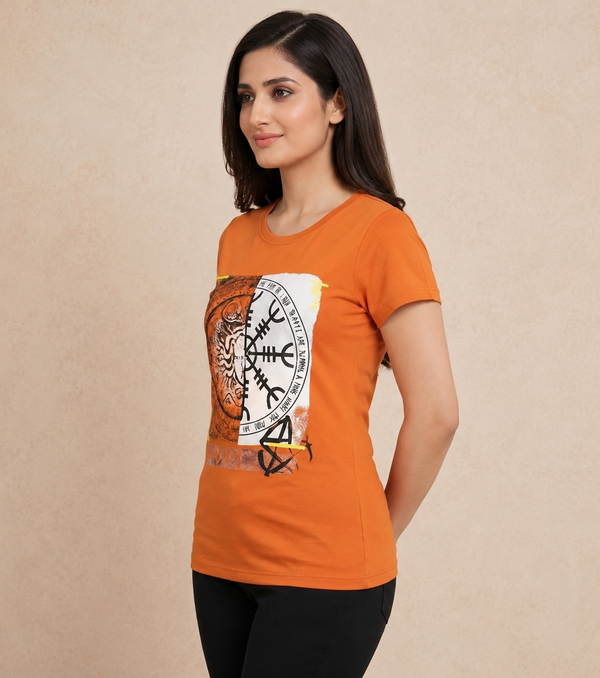 Comfort Lady Chest Print Half Sleeve Cotton Round Neck T-Shirt