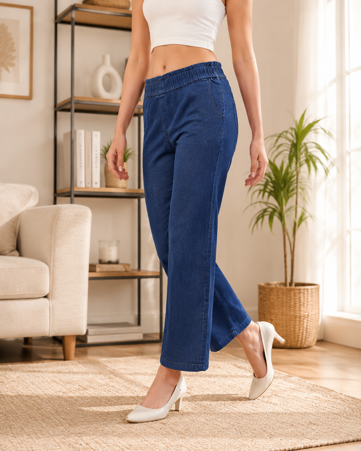 Comfort Lady Denim Long Flair Pant for Women | High Waist Wide Leg Trousers