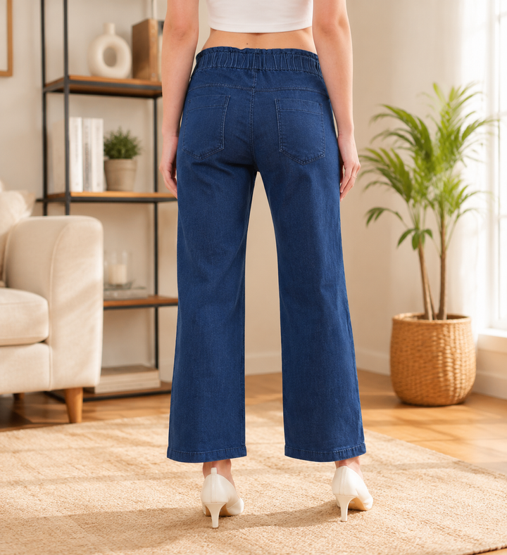 Comfort Lady Denim Long Flair Pant for Women | High Waist Wide Leg Trousers
