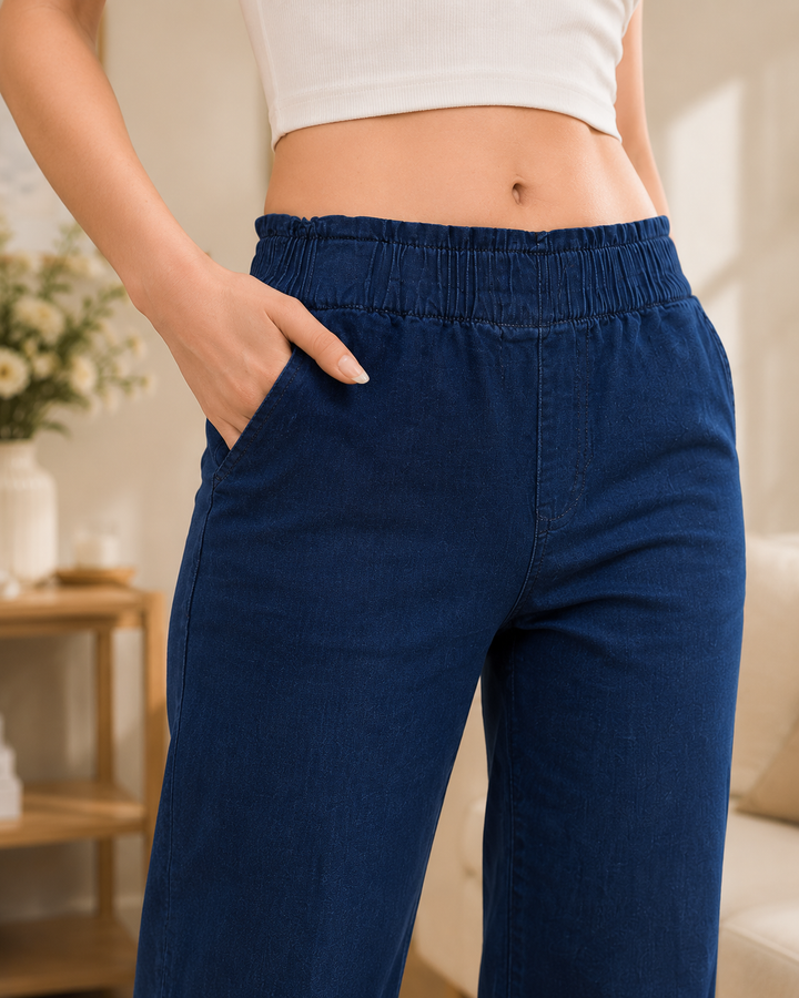Comfort Lady Denim Long Flair Pant for Women | High Waist Wide Leg Trousers