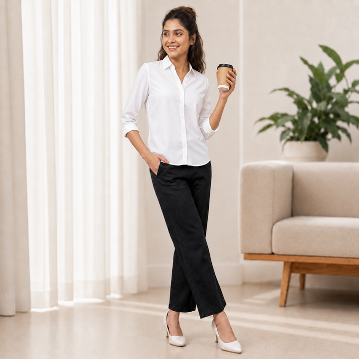 Comfort Lady Denim Long Flair Pant for Women | High Waist Wide Leg Trousers