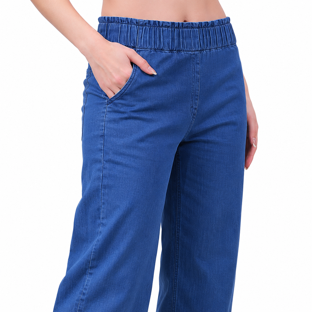 Comfort Lady Denim Long Flair Pant for Women | High Waist Wide Leg Trousers