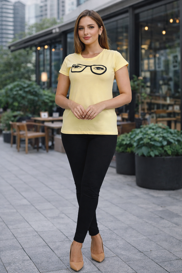 Comfort Lady Chest Print Half Sleeve Cotton Round Neck T-Shirt