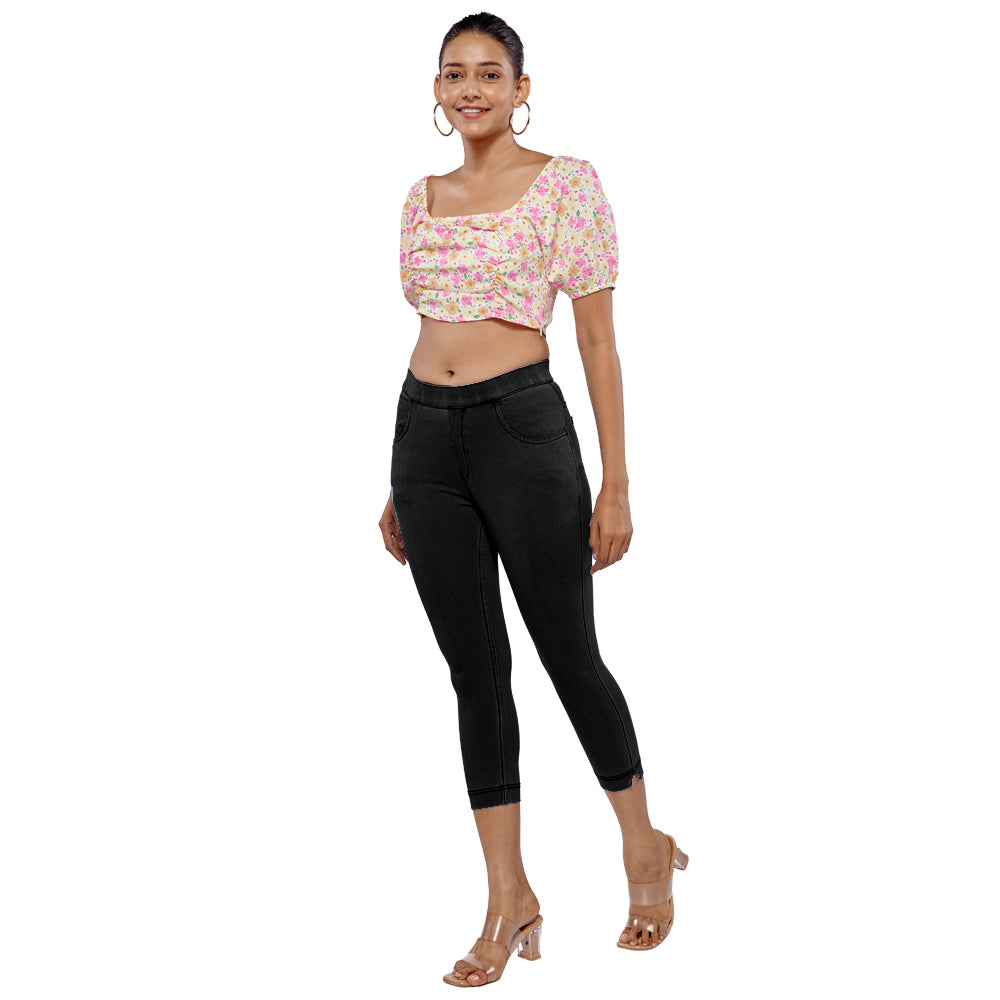 Comfort Lady Women's Cotton Denim Pants | Stretch Slim Fit Capri Jeans with Pockets | Mid Rise Casual Daily Wear