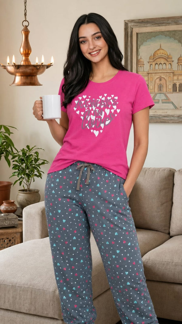 Loungewear Round Neck Printed T-Shirt with Pyjama