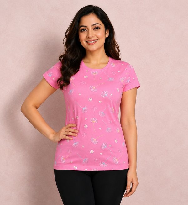 Comfort Lady All Over Printed Half Sleeve Cotton Round Neck T-Shirt