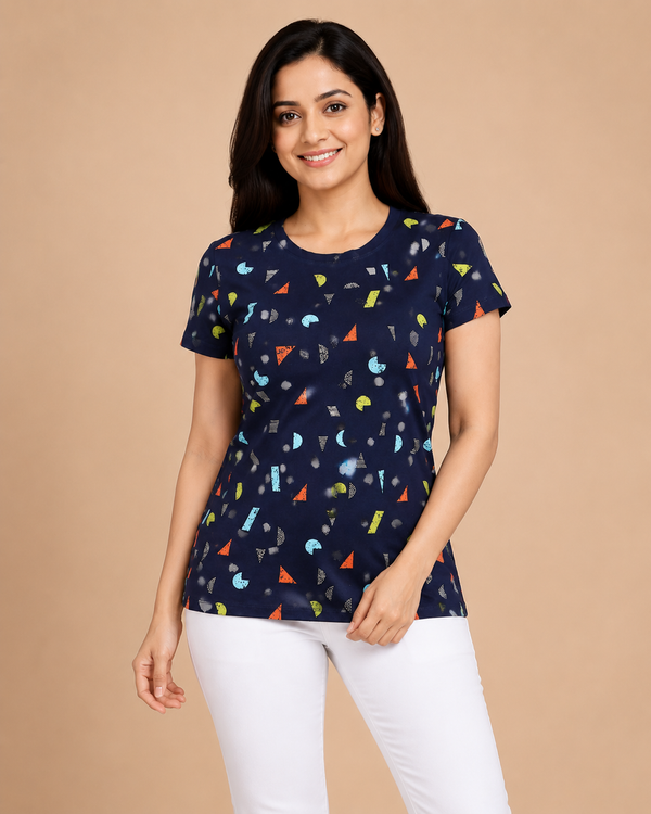 Comfort Lady All Over Printed Half Sleeve Cotton Round Neck T-Shirt