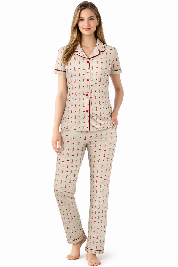 Nightwear Collared Printed Shirt with Pyjama Pant Co-ord