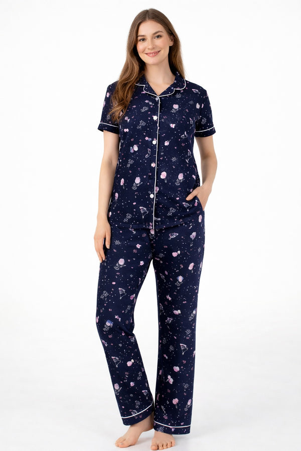 Nightwear Collared Printed Shirt with Pyjama Pant Co-ord