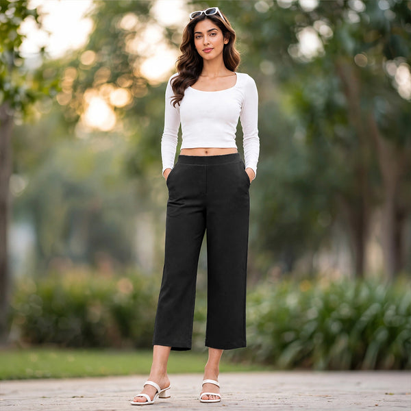 Comfort Lady Flexi Rib Pant for Women | High Waist Stretchable Ribbed Pants | Everyday Wear Travel & Casual Wear Trousers