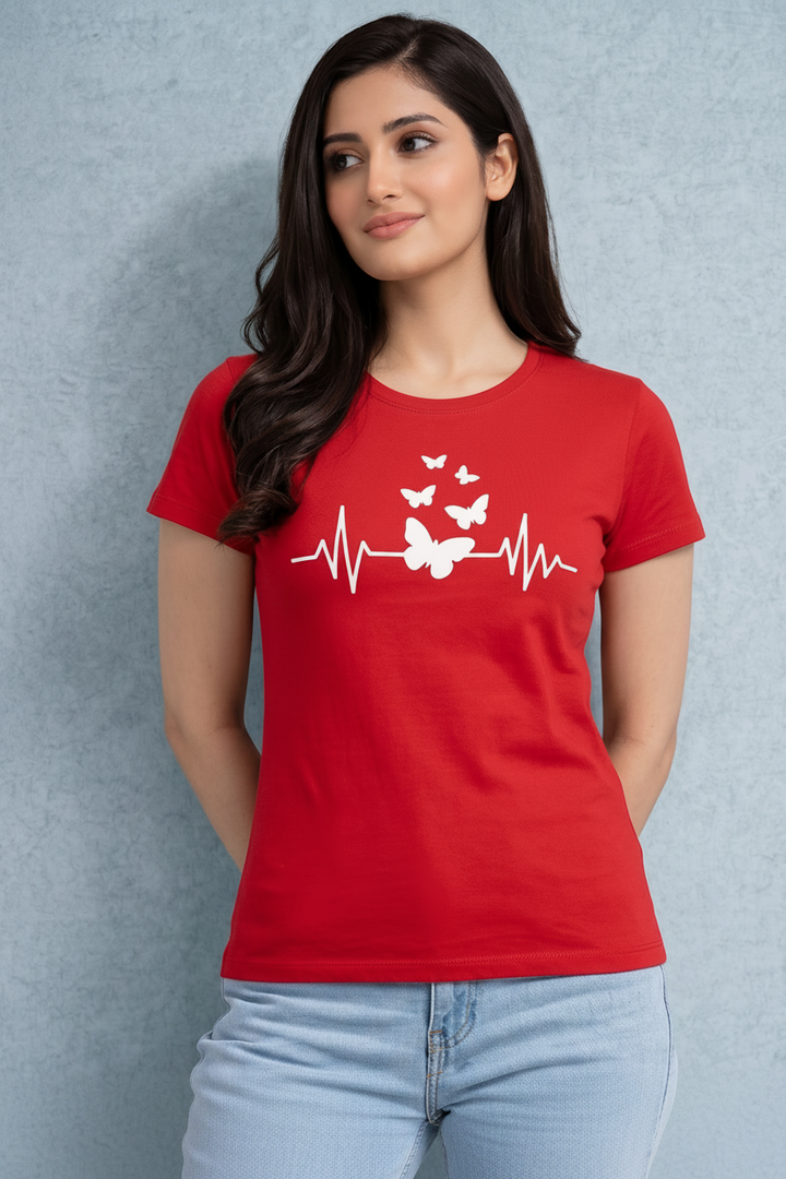 Comfort Lady Chest Print Half Sleeve Cotton Round Neck T-Shirt