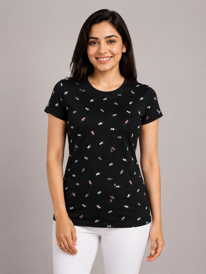 Comfort Lady All Over Printed Half Sleeve Cotton Round Neck T-Shirt
