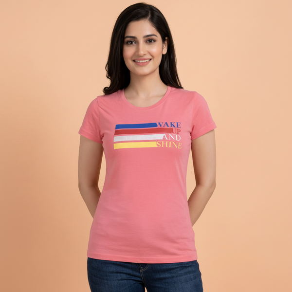 Comfort Lady Chest Print Half Sleeve Cotton Round Neck T-Shirt