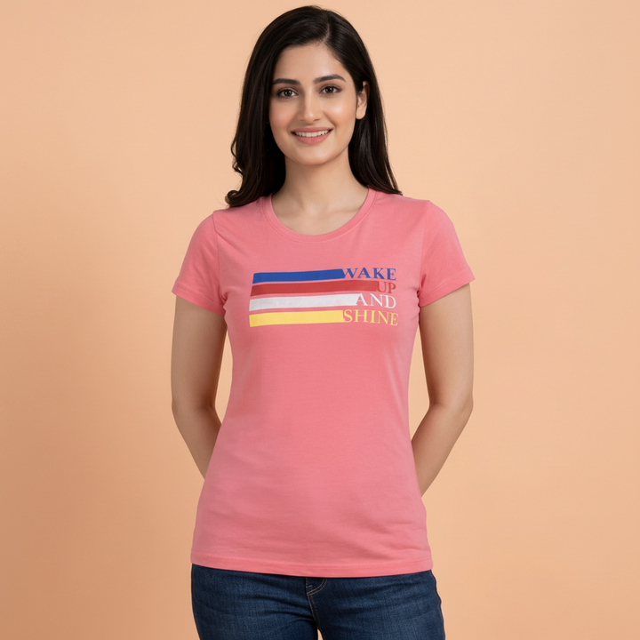 Comfort Lady Chest Print Half Sleeve Cotton Round Neck T-Shirt