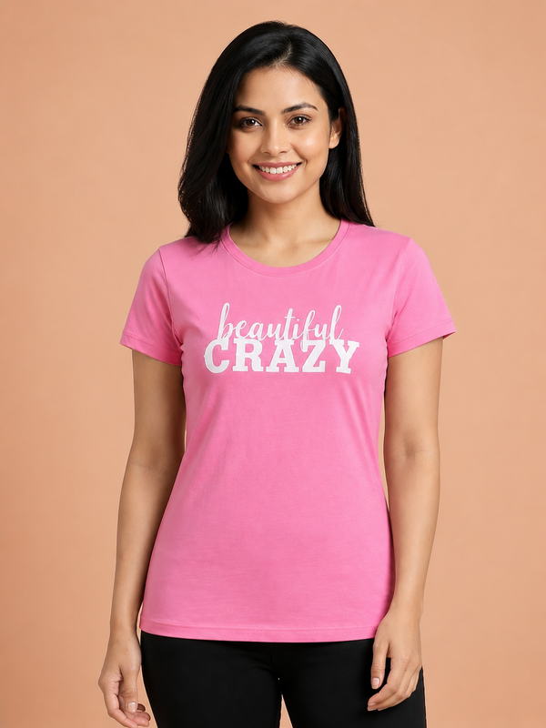 Comfort Lady Chest Print Half Sleeve Cotton Round Neck T-Shirt