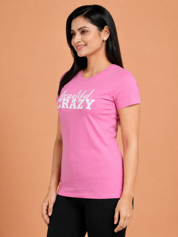 Comfort Lady Chest Print Half Sleeve Cotton Round Neck T-Shirt
