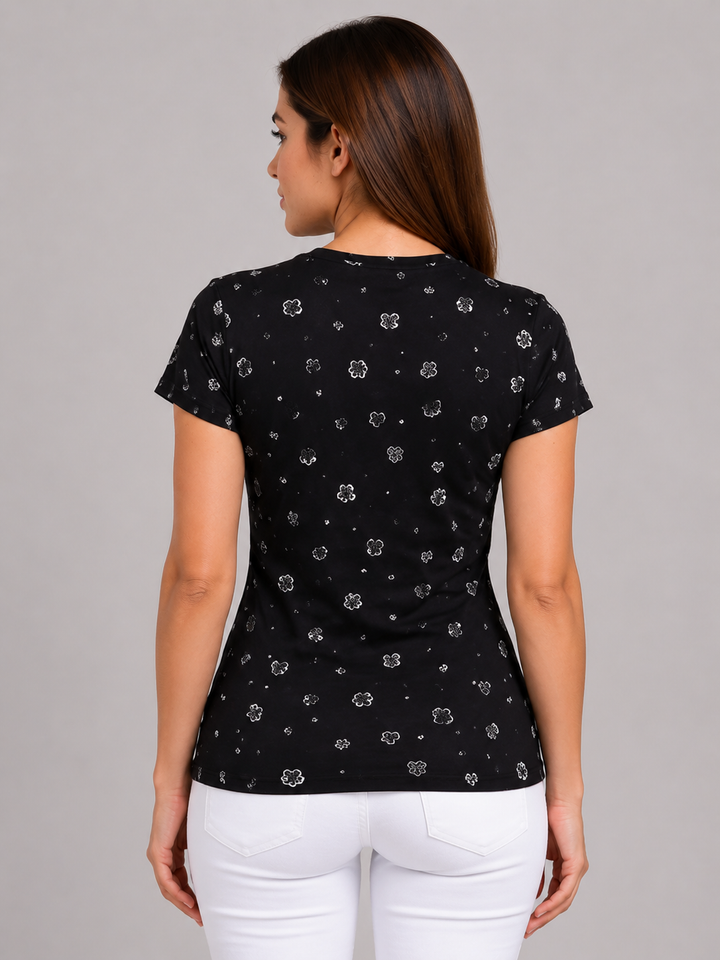 Comfort Lady Chest Print Half Sleeve Cotton Round Neck T-Shirt