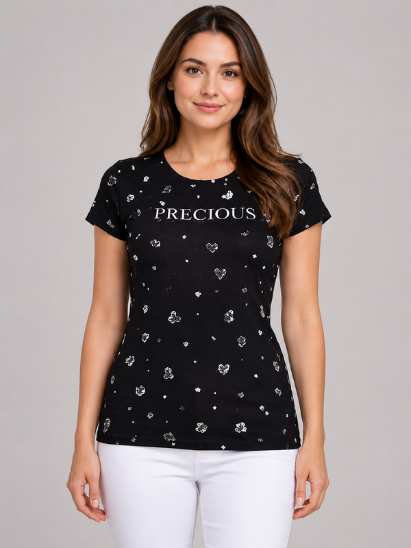 Comfort Lady Chest Print Half Sleeve Cotton Round Neck T-Shirt