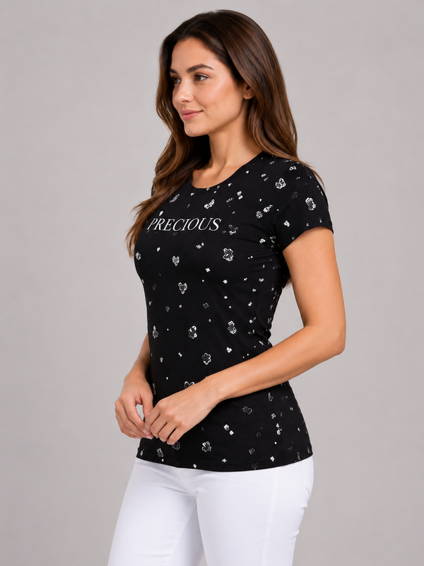 Comfort Lady Chest Print Half Sleeve Cotton Round Neck T-Shirt