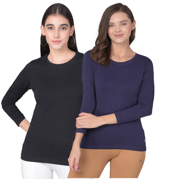 Comfort Lady Regular Fit Round Neck Plain Full Sleeve T-Shirt pack of 2